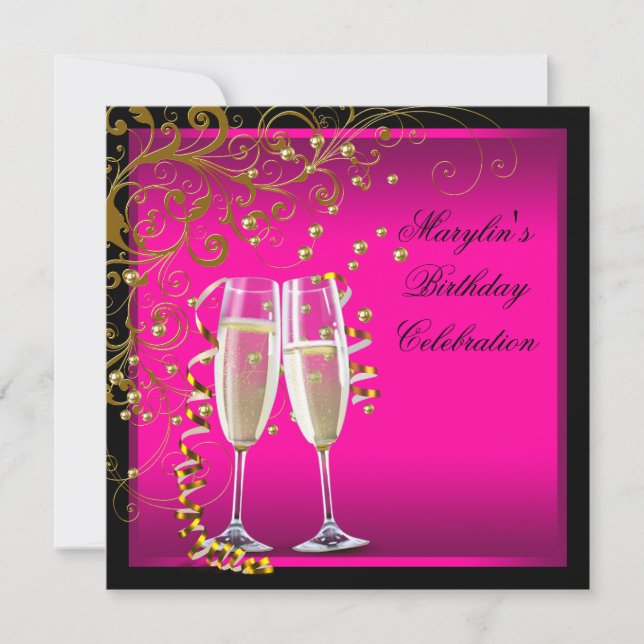 Invitación Fiesta de Cumpleaños de Mujer Rosa Caliente Dorado (Anverso)