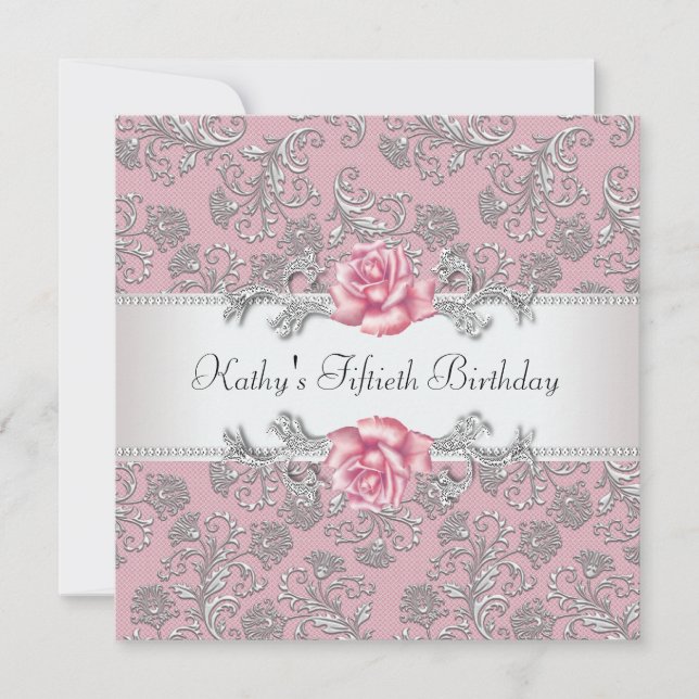 Invitación Fiesta de cumpleaños de mujer Rosa Damask Rosa (Anverso)