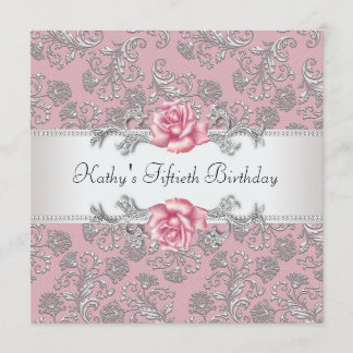 Invitación Fiesta de cumpleaños de mujer Rosa Damask Rosa