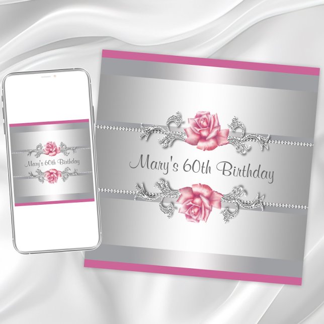 Invitación Fiesta de cumpleaños de mujer Rosa Rosa (Pink rose any birthday pr event invitation. Instant download and printed invitations available.)