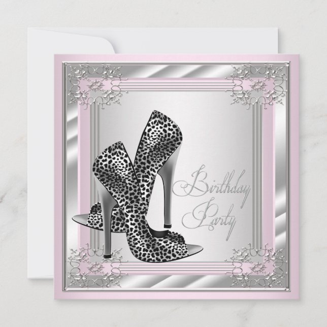 Invitación Fiesta de cumpleaños de mujer rosa y gris (Anverso)