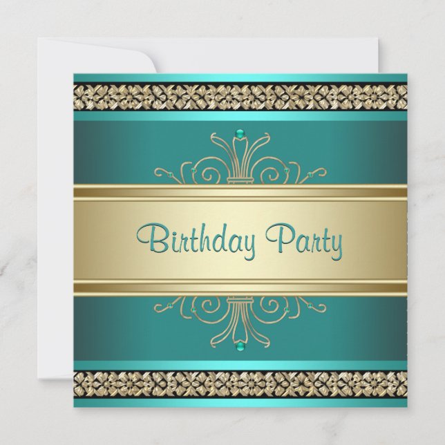 Invitación Fiesta de Cumpleaños de Mujer Verde Jade Oro Negro (Anverso)