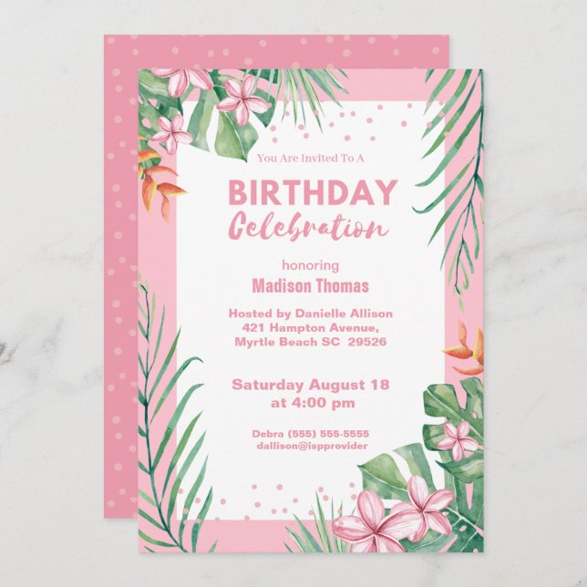 Invitación Fiesta de cumpleaños de mujeres con confeti floral (Anverso / Reverso)