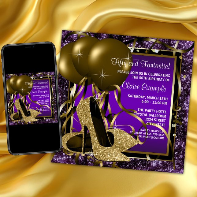 Invitación Fiesta de cumpleaños de mujeres con tacones altos  (Womans purple gold high heel shoe birthday party invitation. Purple and gold any number birthday.)