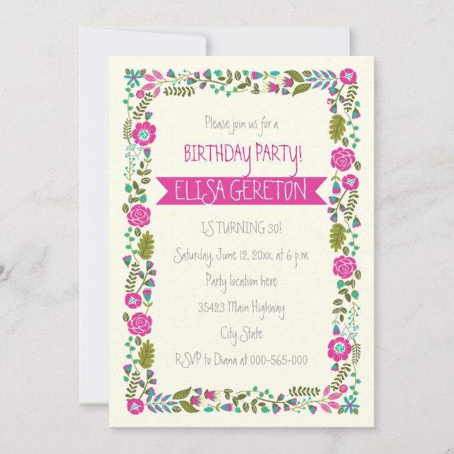 Invitación Fiesta de cumpleaños de mujeres de borde floral de (Anverso)