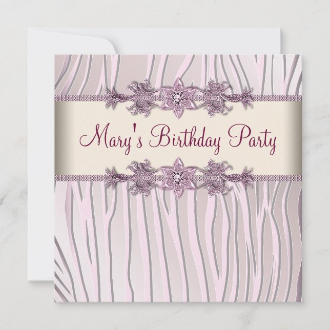Invitación Fiesta de cumpleaños de mujeres de cebra rosa (Anverso)