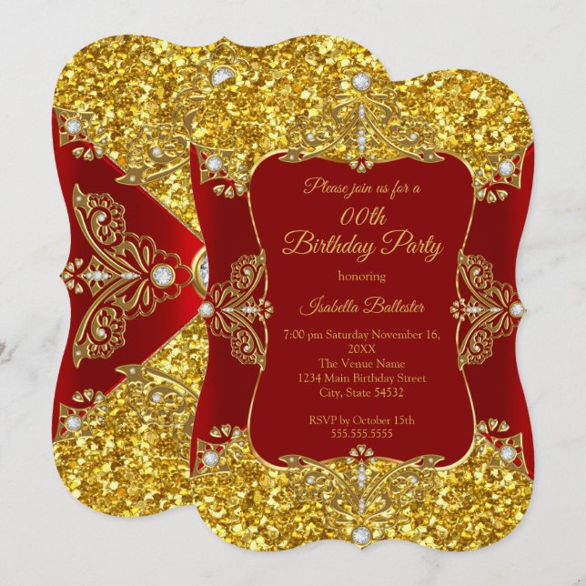 Invitación Fiesta de cumpleaños de mujeres rojas diamante bri (Anverso / Reverso)
