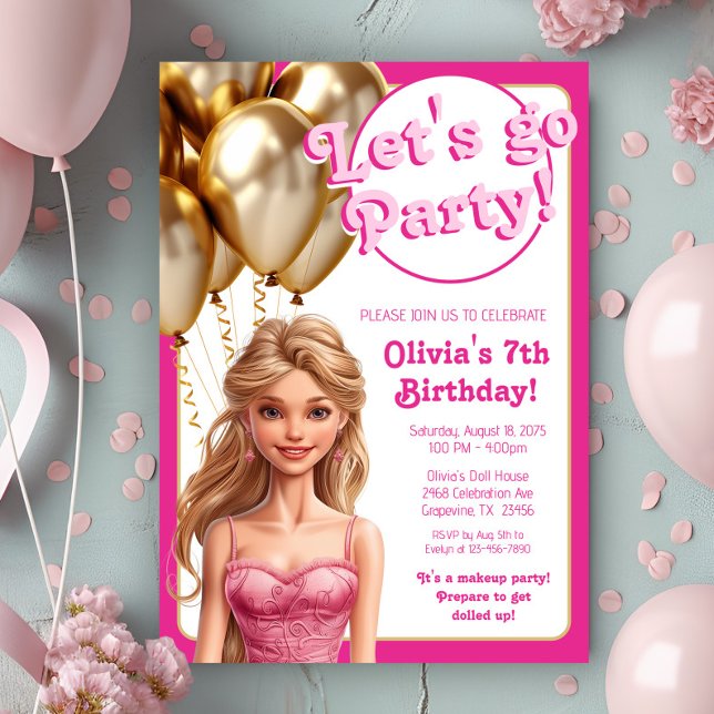 Invitación Fiesta de cumpleaños de muñeca de moda de oro rosa (Cute pink fashion doll any number birthday party invitation.)