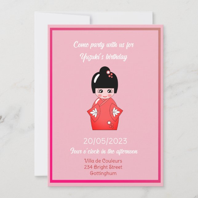 Invitación fiesta de cumpleaños de muñecas japoneses no3 (Anverso)