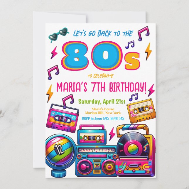 Invitación Fiesta de cumpleaños de música disco Retro 80 (Anverso)