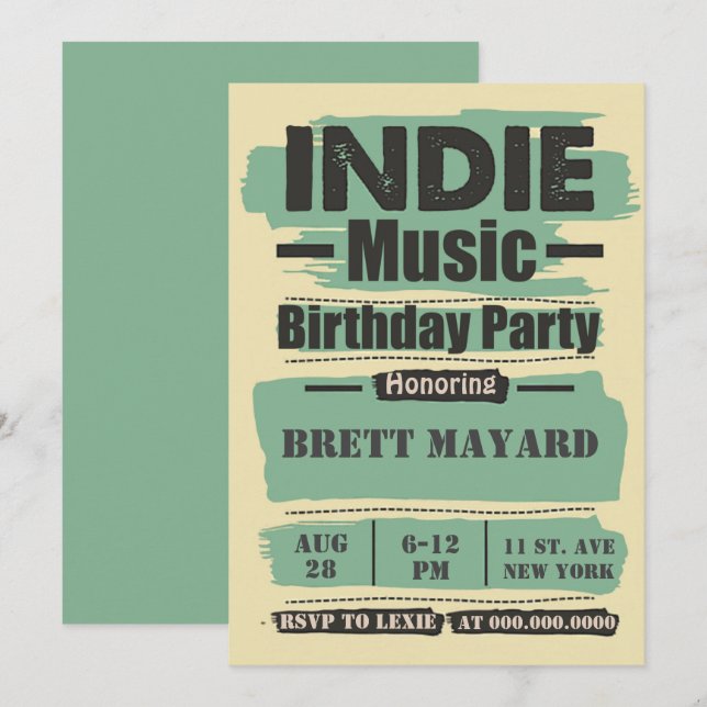 Invitación Fiesta de cumpleaños de música indie (Anverso / Reverso)