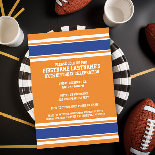 Invitación fiesta de cumpleaños de naranja Blue Sports Jersey