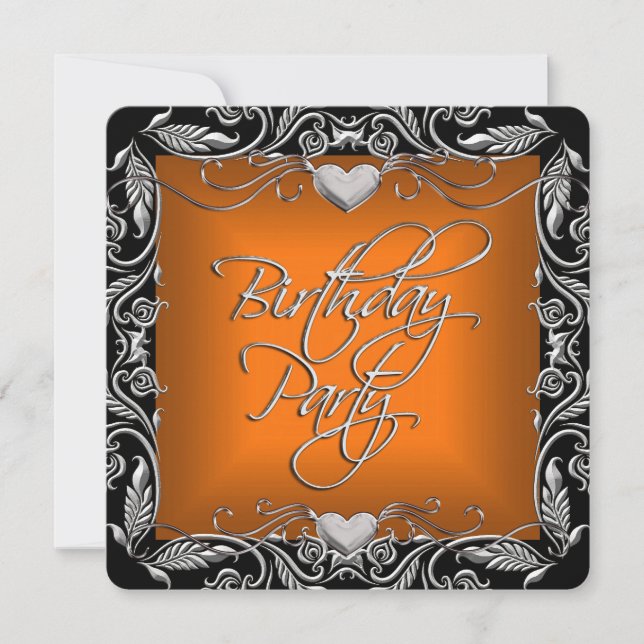Invitación Fiesta de Cumpleaños de Naranja Quemada Plateado N (Anverso)