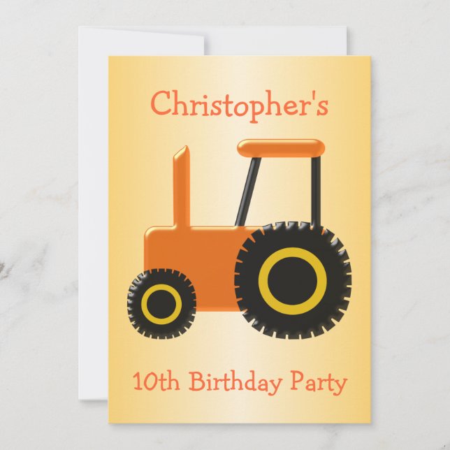 Invitación Fiesta de cumpleaños de naranja Tractor (Anverso)