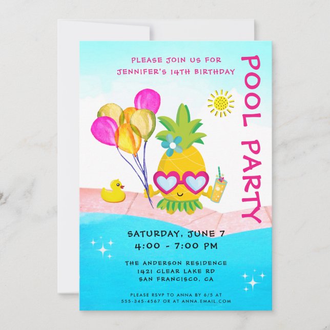 Invitación Fiesta de cumpleaños de natación del Fiesta de la  (Anverso)