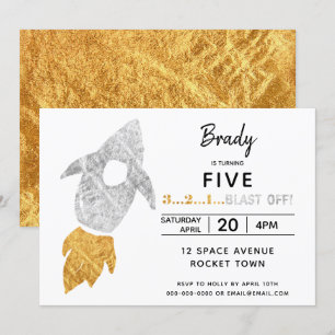 Invitación Fiesta de Cumpleaños de Nave Espacial de Oro y Pla