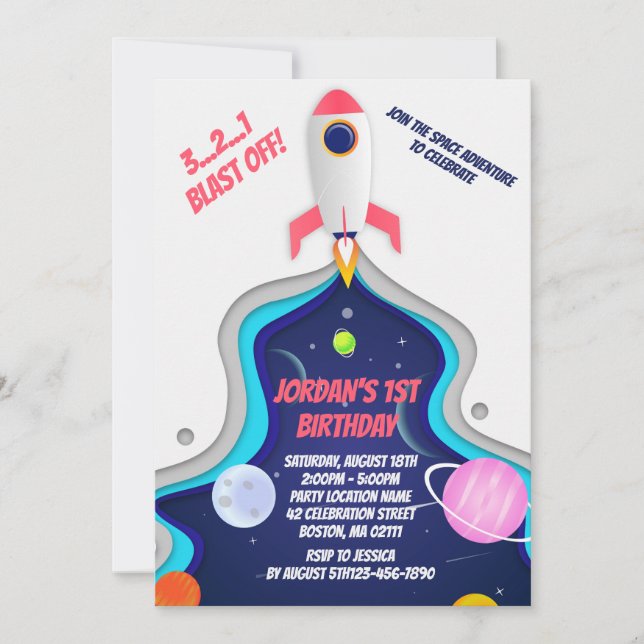 Invitación Fiesta de Cumpleaños de Nave Espacial en el Espaci (Anverso)