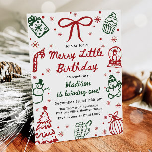 Invitación Fiesta de cumpleaños de Navidad dibujada a mano en