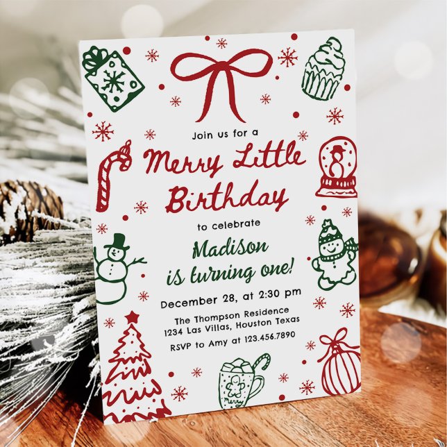 Invitación Fiesta de cumpleaños de Navidad dibujada a mano en (Subido por el creador)