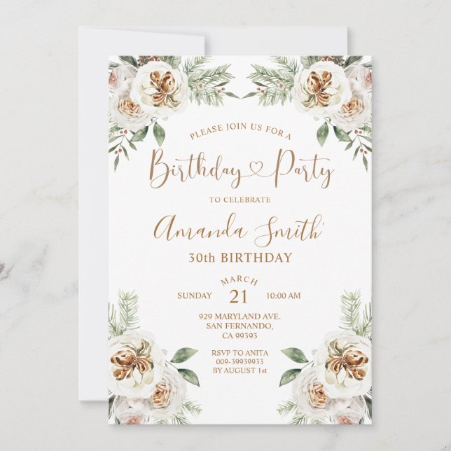 Invitación Fiesta de cumpleaños de Navidad floral blanco de i (Anverso)