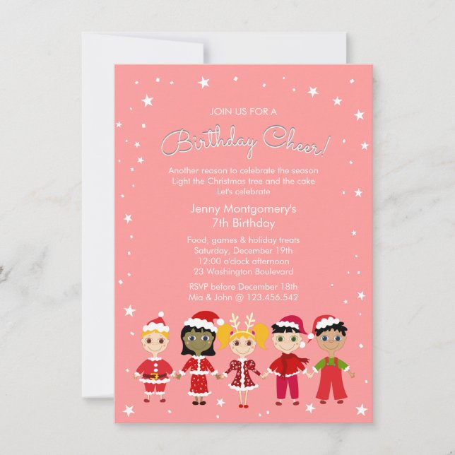 Invitación Fiesta de cumpleaños de Navidades rosados (Anverso)