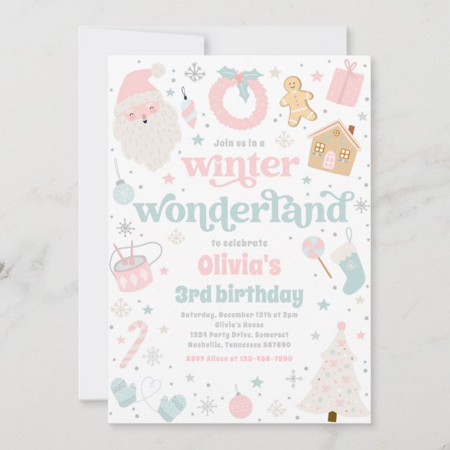 Invitación Fiesta de cumpleaños de Navidades rosados de Winte (Anverso)