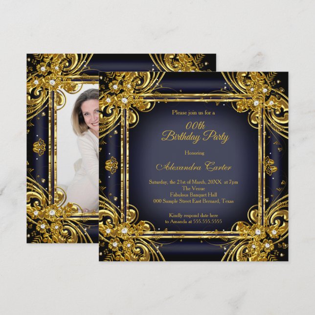 Invitación Fiesta de cumpleaños de Navy Blue Gold Diamond (Anverso / Reverso)