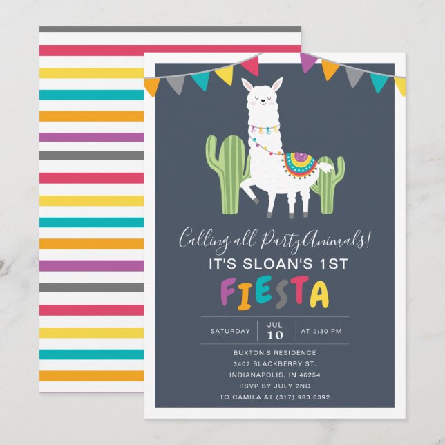 Invitación Fiesta de cumpleaños de Navy Llama (Anverso / Reverso)