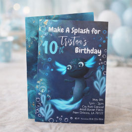Invitación Fiesta de cumpleaños de Neon Axolotl azul oscuro