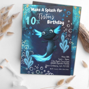 Invitación Fiesta de cumpleaños de Neon Axolotl azul oscuro