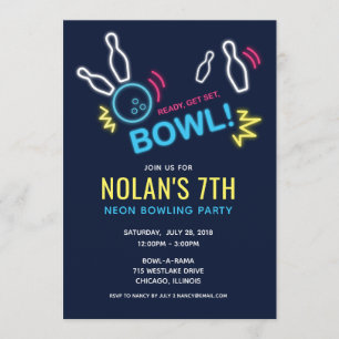 Invitación Fiesta de cumpleaños de Neon Bowling