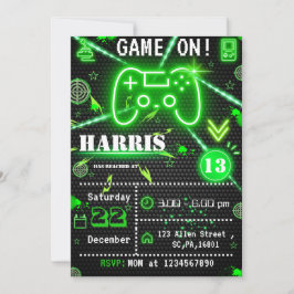 Invitación Fiesta de cumpleaños de Neon Green Laser Tag Gamer