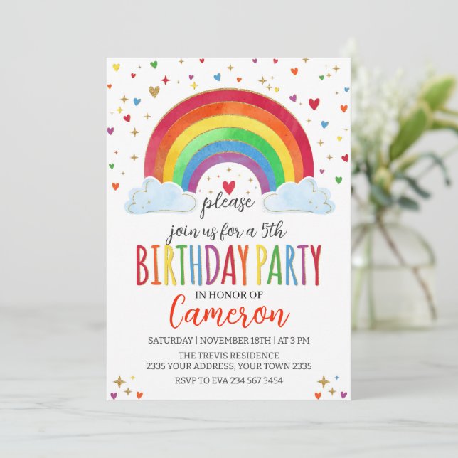 Invitación Fiesta de cumpleaños de niña arcoíris con acuarela (Anverso de pie)