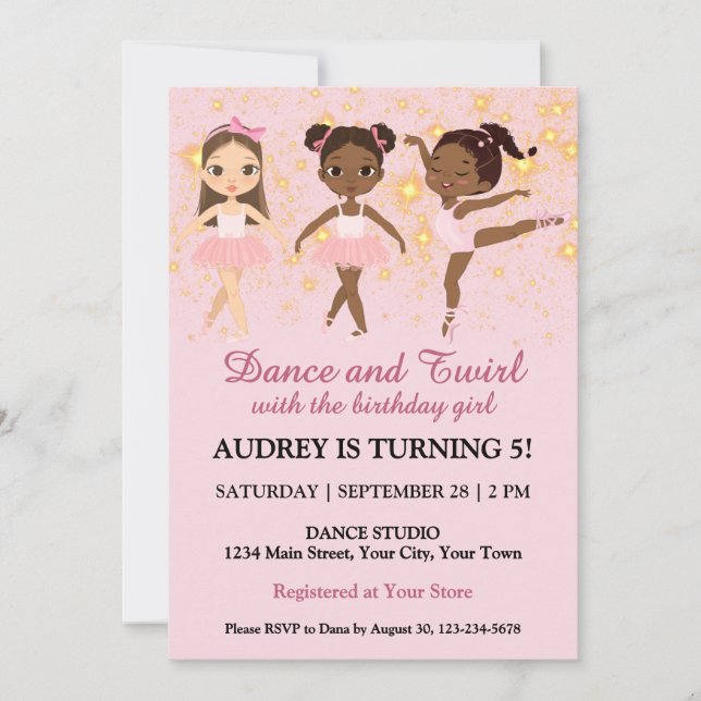 Invitación Fiesta de cumpleaños de niña bailando y girando li (Anverso)
