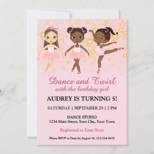 Invitación Fiesta de cumpleaños de niña bailando y girando li