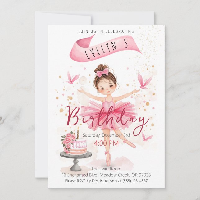 Invitación Fiesta de Cumpleaños de Niña Bailarina con Tutú Ad (Anverso)