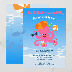Invitación Fiesta de cumpleaños de niña bebé de verano pulpo 