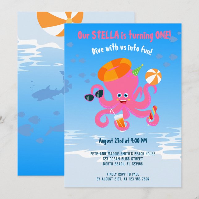 Invitación Fiesta de cumpleaños de niña bebé de verano pulpo  (Anverso / Reverso)