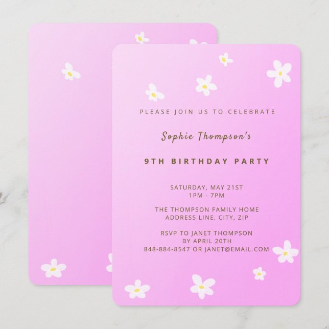 Invitación Fiesta de cumpleaños de niña con acuarela de marga (Anverso / Reverso)