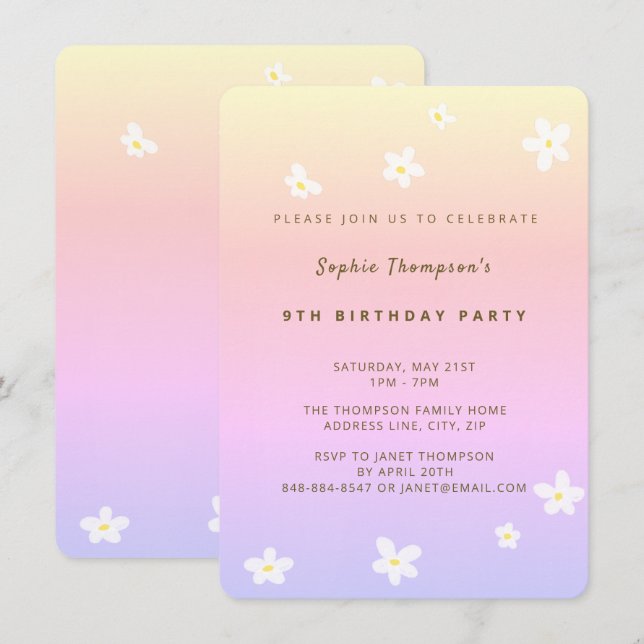 Invitación Fiesta de cumpleaños de niña con arcoíris de acuar (Anverso / Reverso)