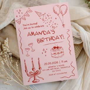 Invitación Fiesta de cumpleaños de niña con arte de línea ele