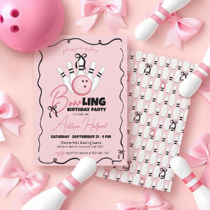 Invitación Fiesta de cumpleaños de niña con bolos y lazos ros