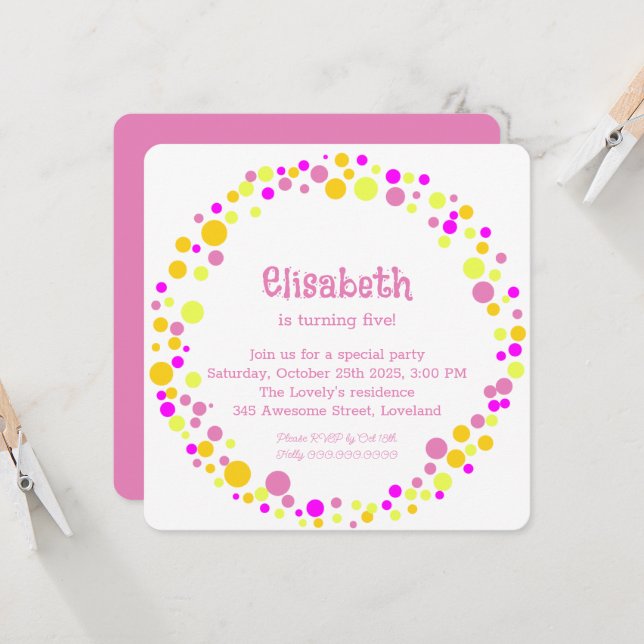 Invitación Fiesta de cumpleaños de niña con confeti rosa colo (Anverso/Reverso In Situ)