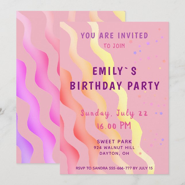 Invitación Fiesta de Cumpleaños de Niña con Estrellas y Olas  (Anverso / Reverso)