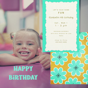 Invitación Fiesta de cumpleaños de niña con flores turquesa