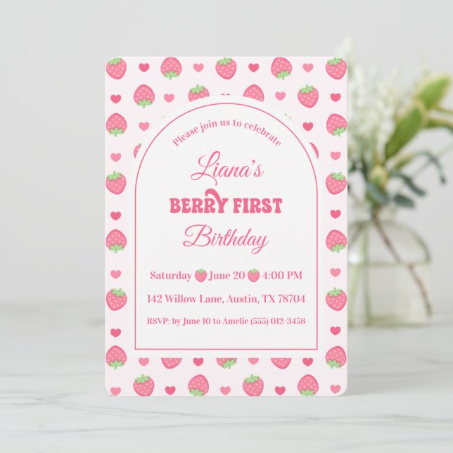 Invitación Fiesta de Cumpleaños de Niña con Fresas Lindas (Anverso de pie)