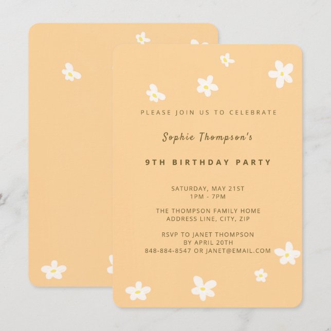 Invitación Fiesta de cumpleaños de niña con margaritas amaril (Anverso / Reverso)