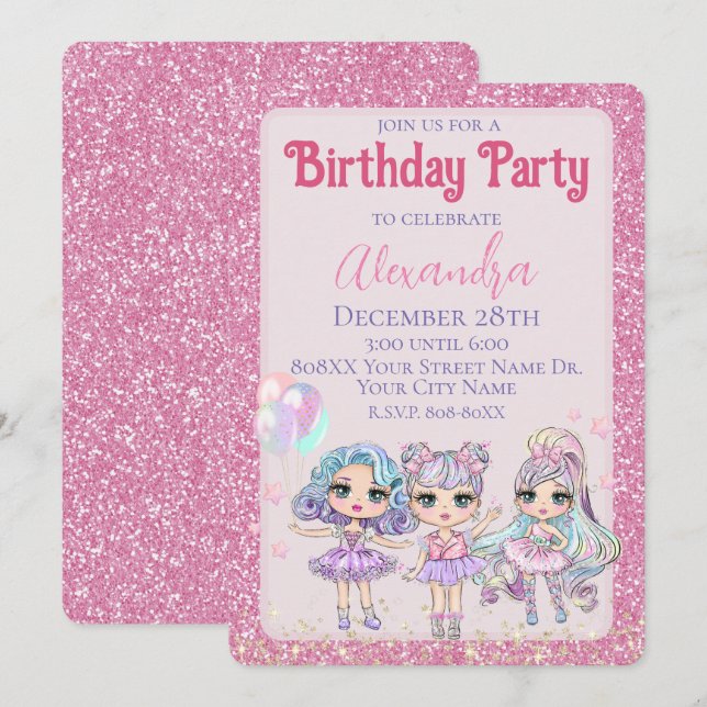 Invitación Fiesta de Cumpleaños de Niña con Muñecas Glitter R (Anverso / Reverso)