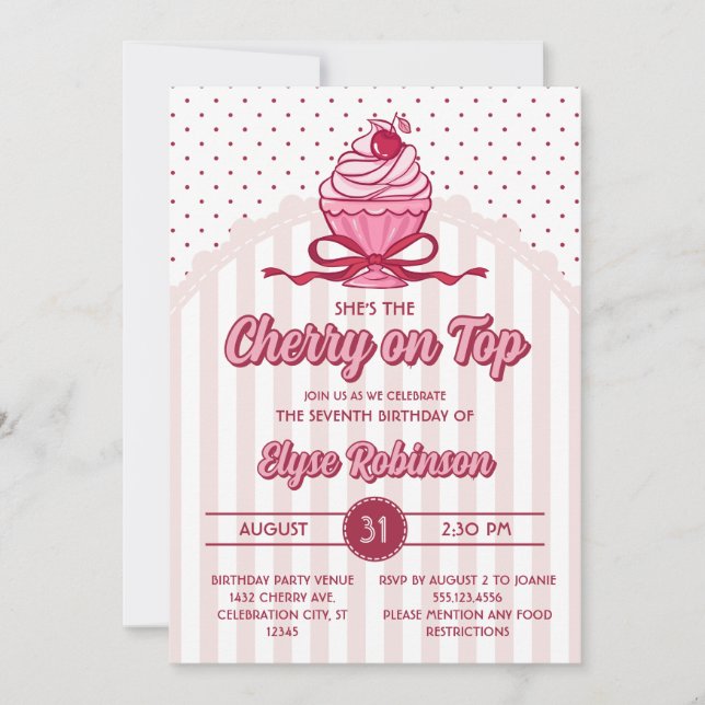 Invitación Fiesta de cumpleaños de niña Coquette Retro Cereza (Anverso)