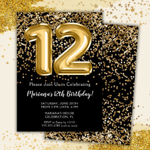 Invitación Fiesta de cumpleaños de niña de 12 años Black Gold